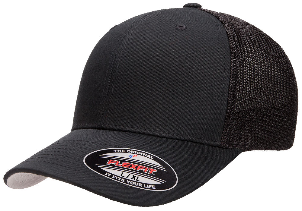 Black trucker cap with black mesh back