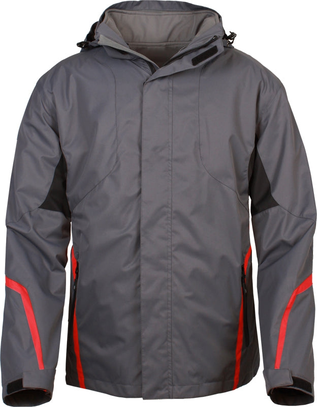 Gray jacket with red accents