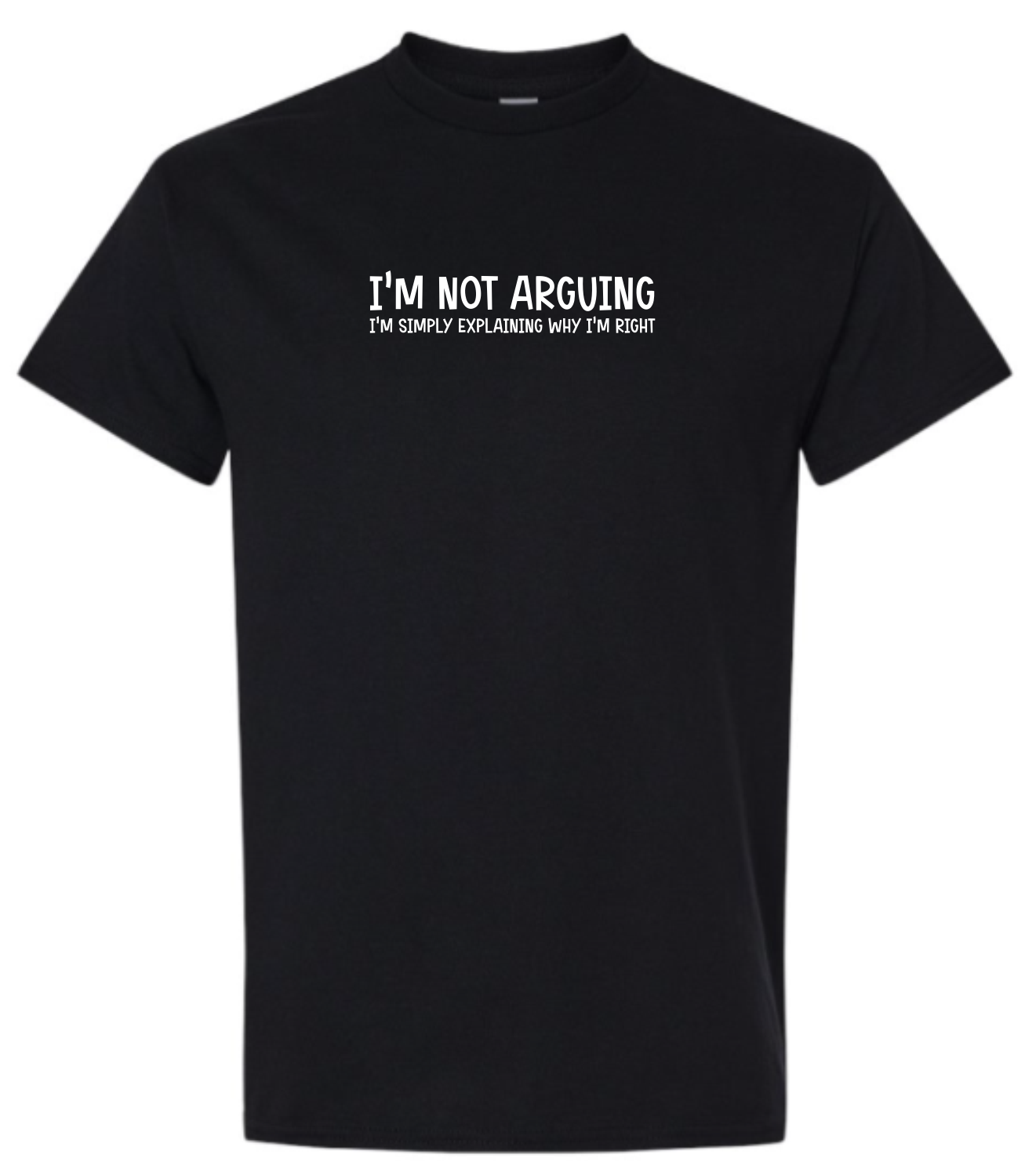 Black t-shirt with white text