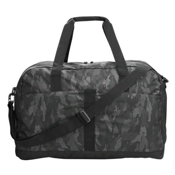 Black camouflage duffel bag with a shoulder strap