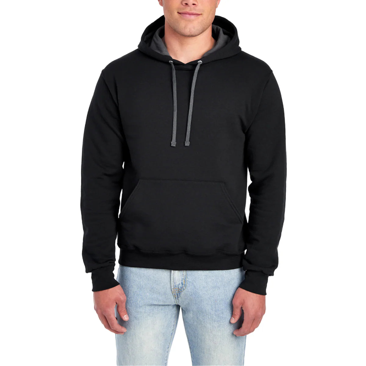 Person wearing a black hoodie on a white background