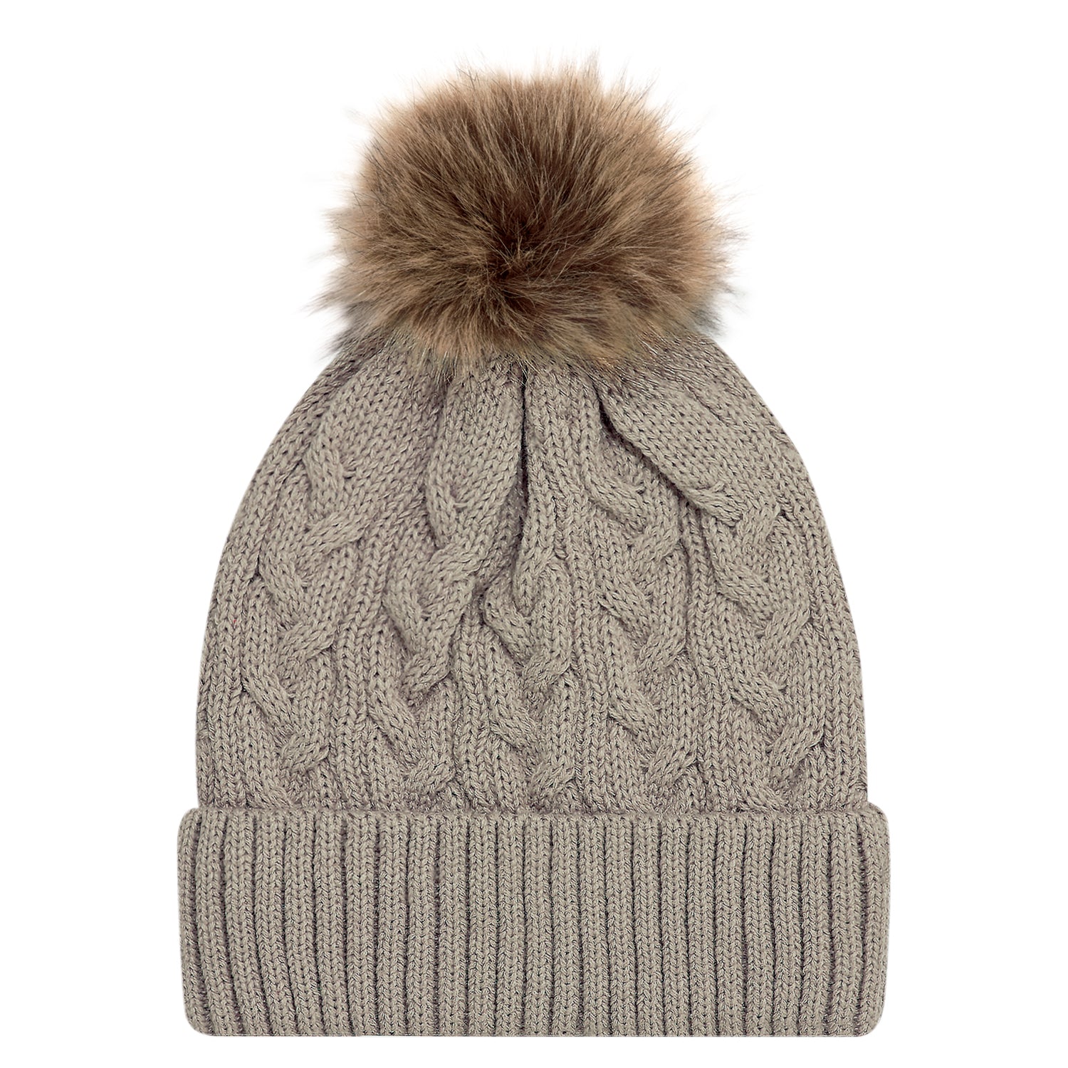 Jacquard Cable Knit Faux Fur Pom Pom Toque