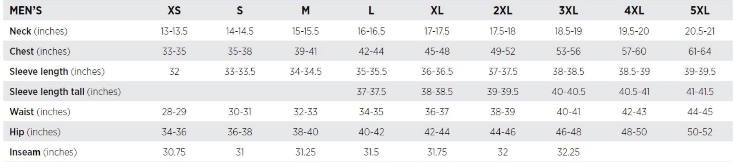 Trimark Men's Size Chart