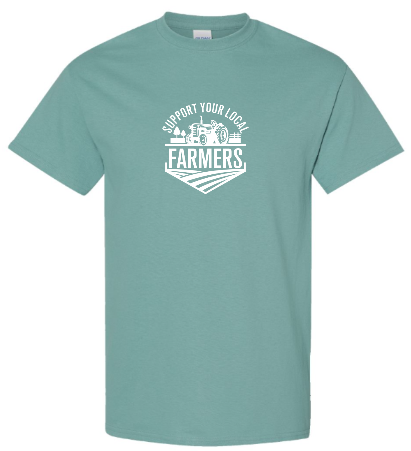 Aquatic Color t-shirt with white graphic and text 'Support Your Local Farmers