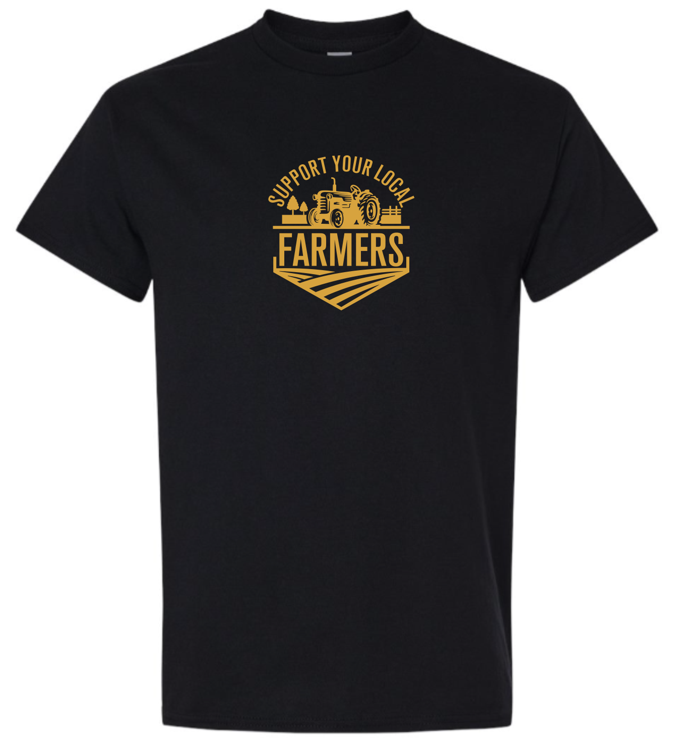 Black t-shirt with TAN graphic and text 'Support Your Local Farmers'