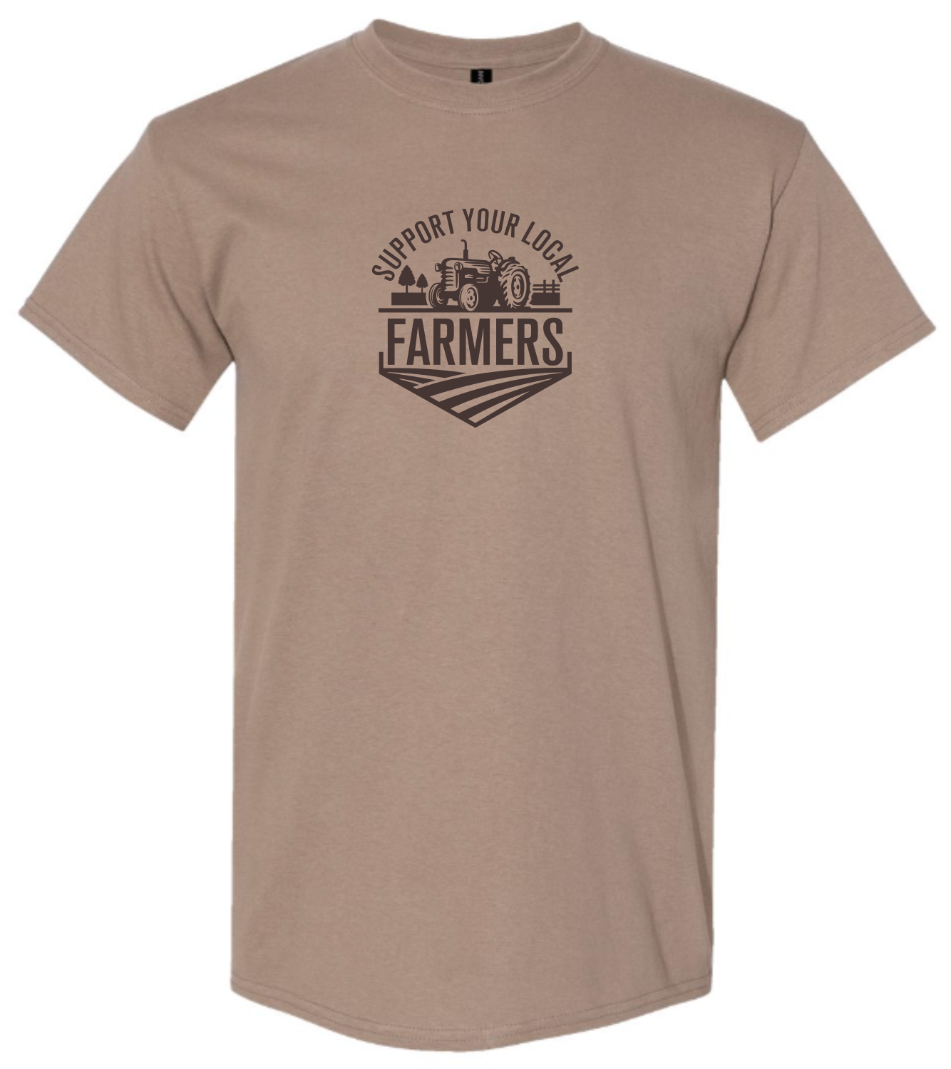 Light Brown t-shirt with Dark Brown graphic and text 'Support Your Local Farmers'
