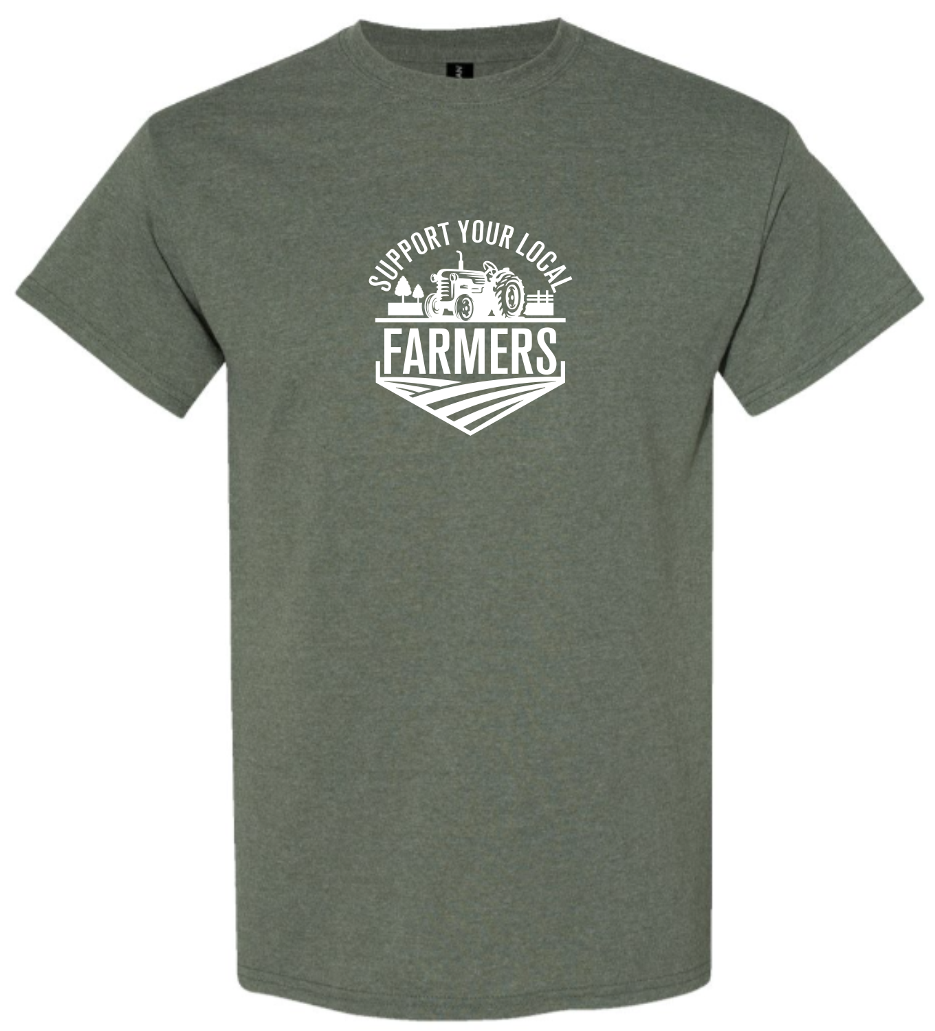 Military Green t-shirt with white graphic and text 'Support Your Local Farmers'