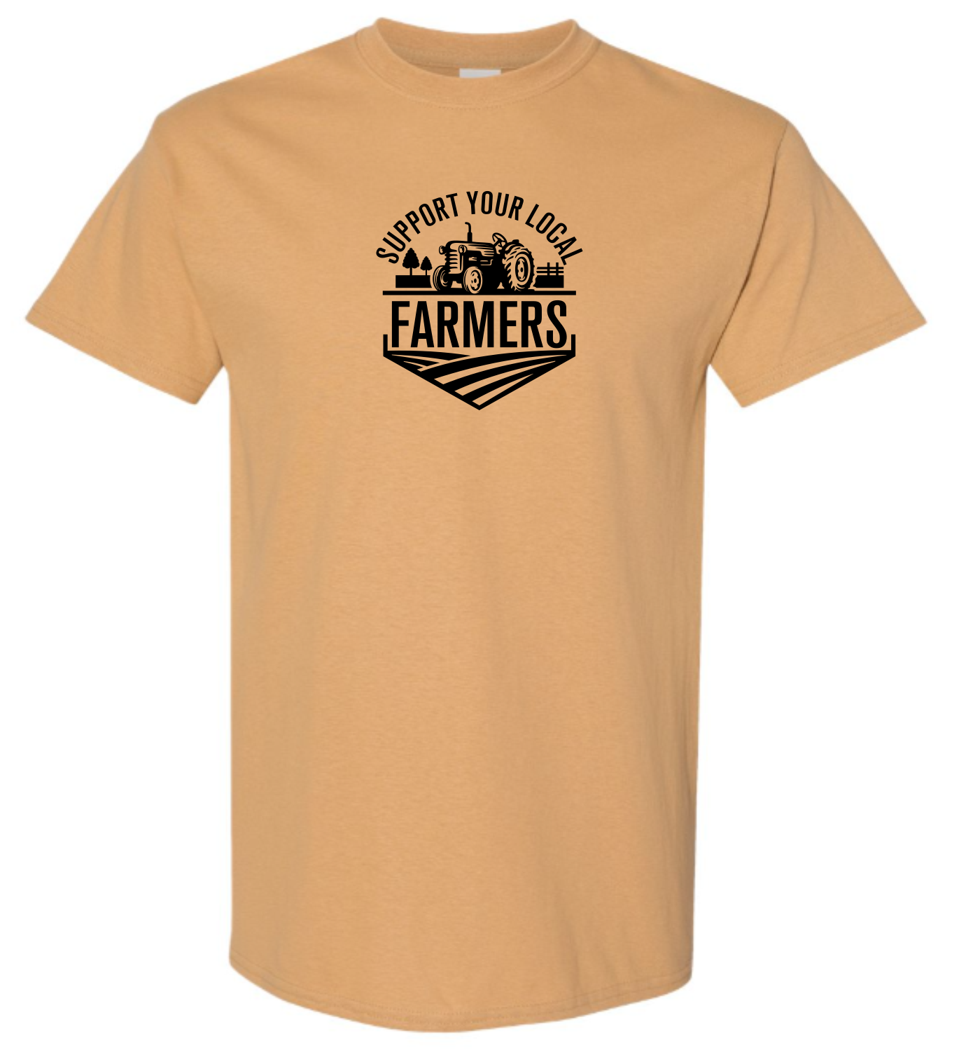 Old Gold t-shirt with black graphic and text 'Support Your Local Farmers