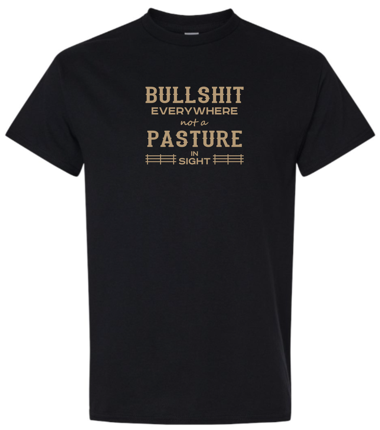 Black t-shirt with humorous text in gold

