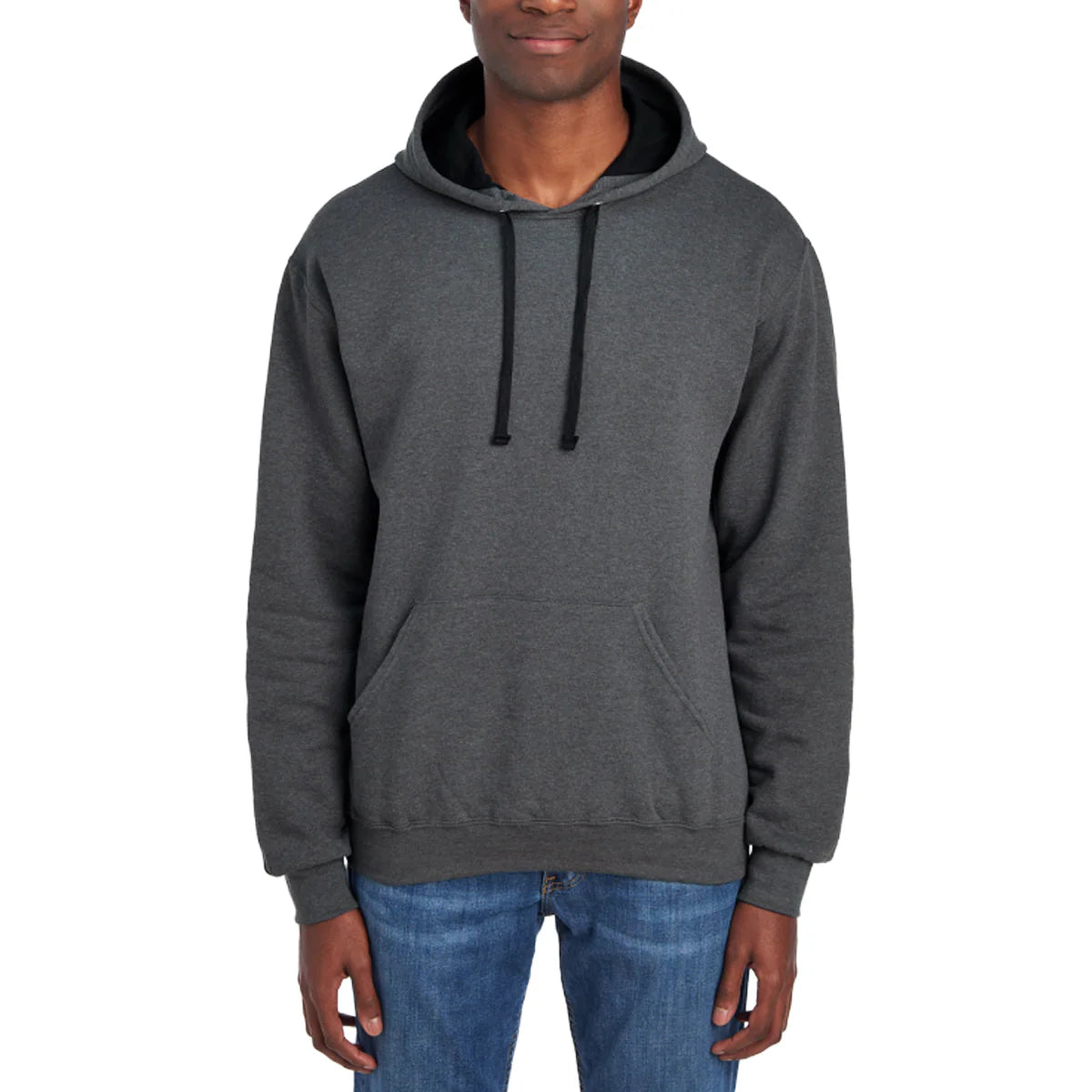 Person wearing a gray hoodie with a black hood on a white background