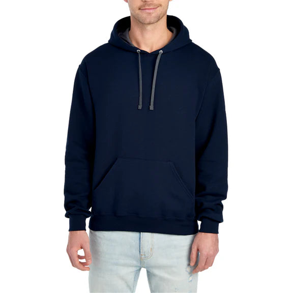 Person wearing a navy blue hoodie on a white background