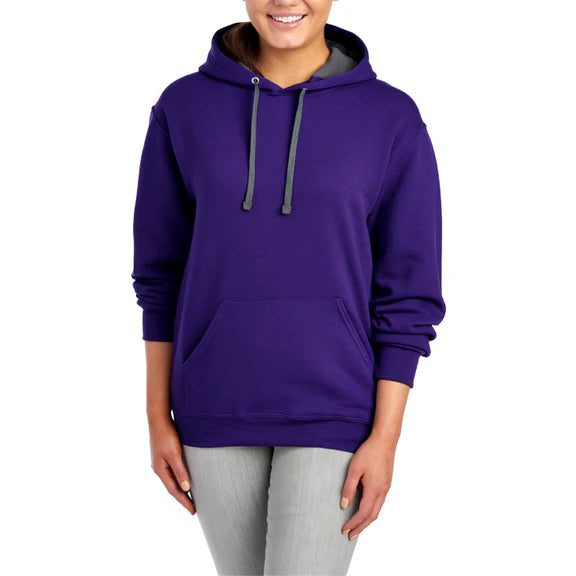 Person wearing a purple hoodie on a white background