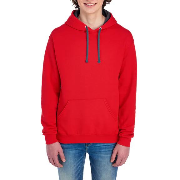 Person wearing a red hoodie on a white background