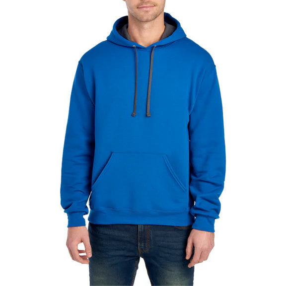 Blue hoodie worn by a person on a white background