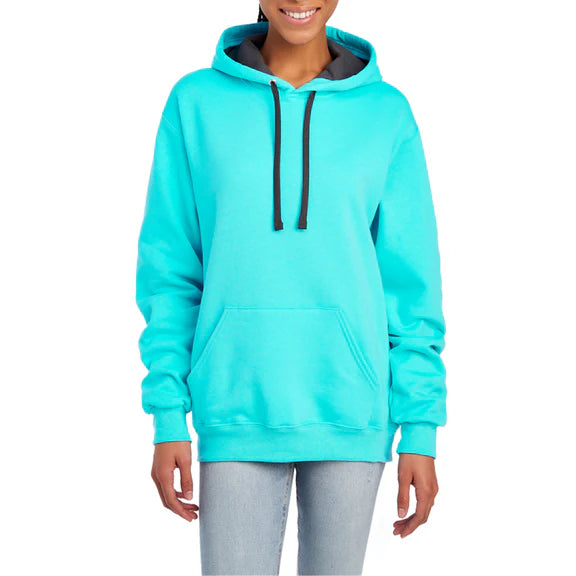 Person wearing a hoodie on a white background