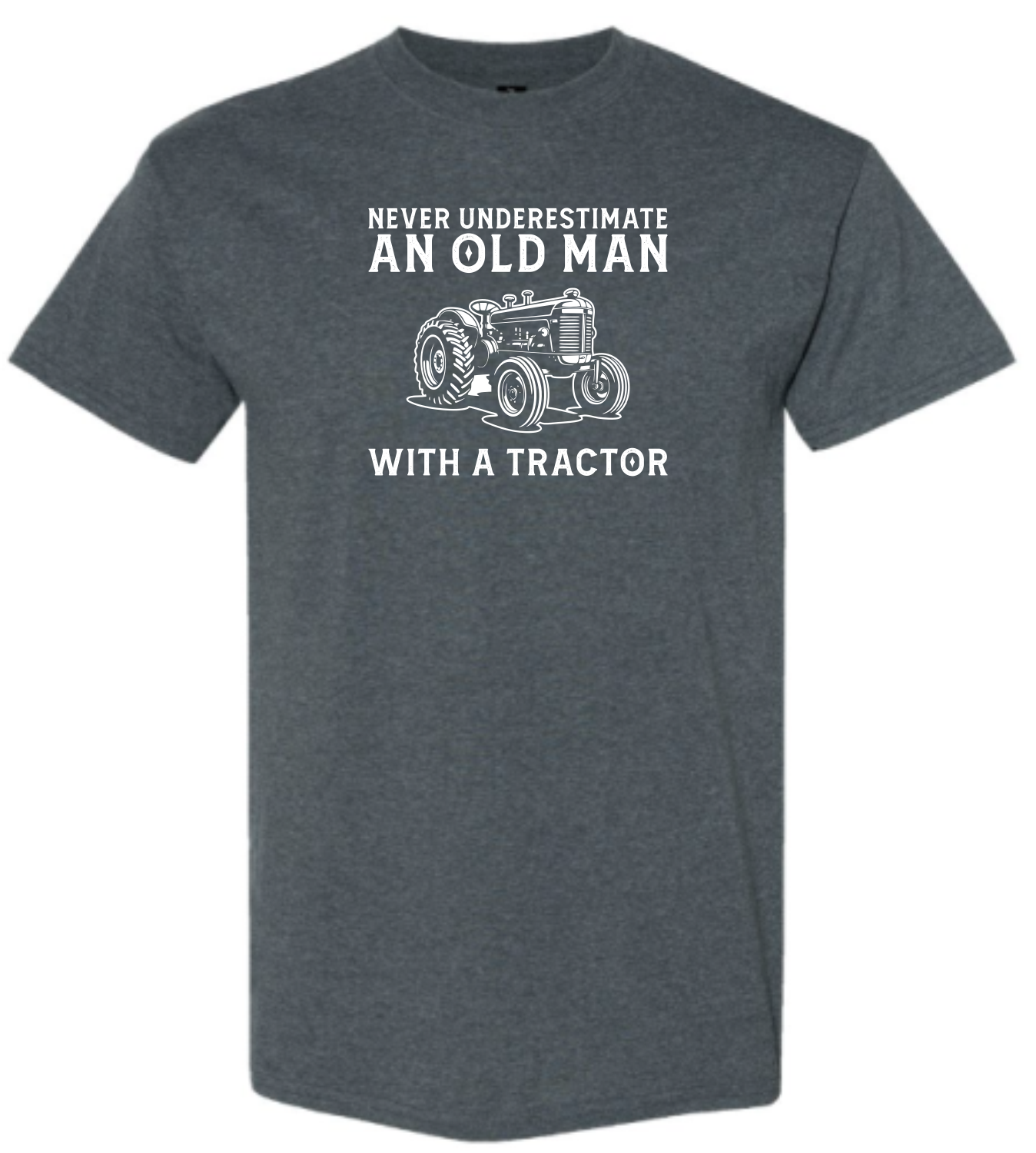 Dark Heather Shirt with White Text & Graphic