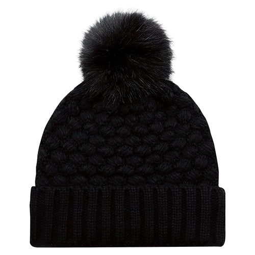 Jacquard Bubble Knit Faux Fur Pom Pom Toque