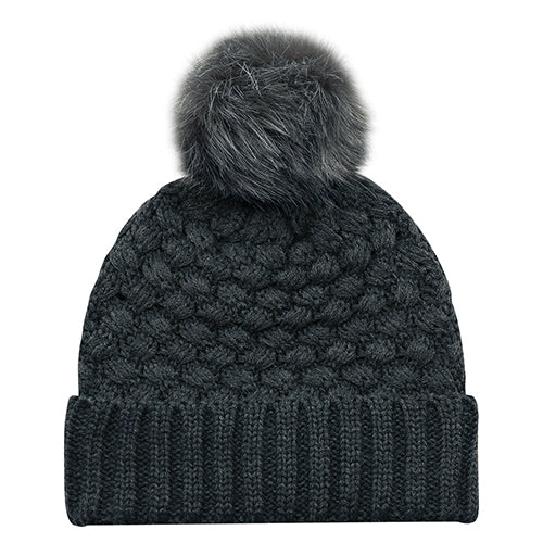 Jacquard Bubble Knit Faux Fur Pom Pom Toque